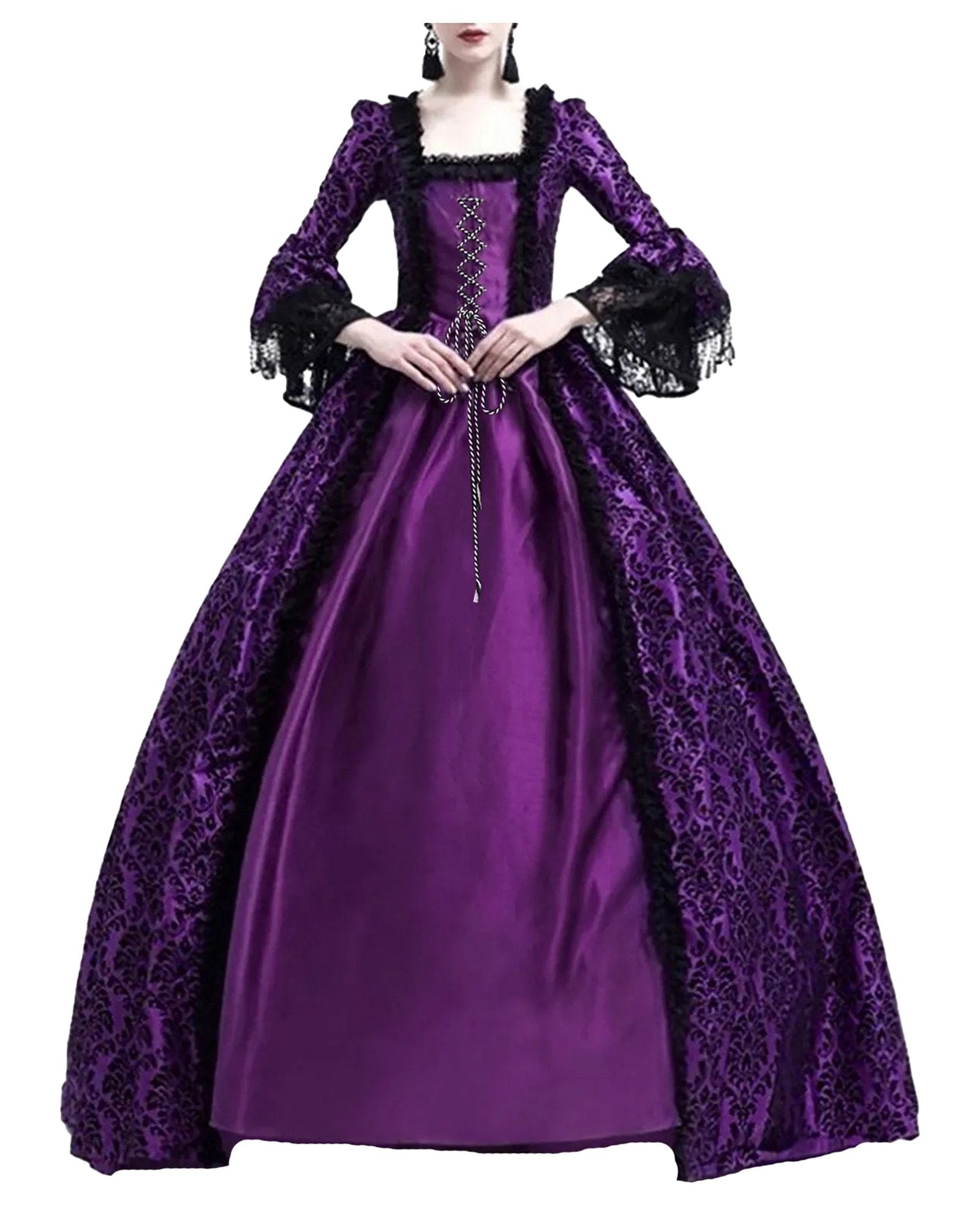 Elegant purple medieval Halloween costume for women with lace details and puffed sleeves
