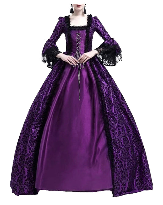 Elegant purple medieval Halloween costume for women with lace details and puffed sleeves