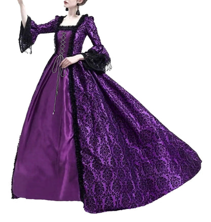 Elegant purple medieval halloween costume for women with intricate lace details and long flowing sleeves