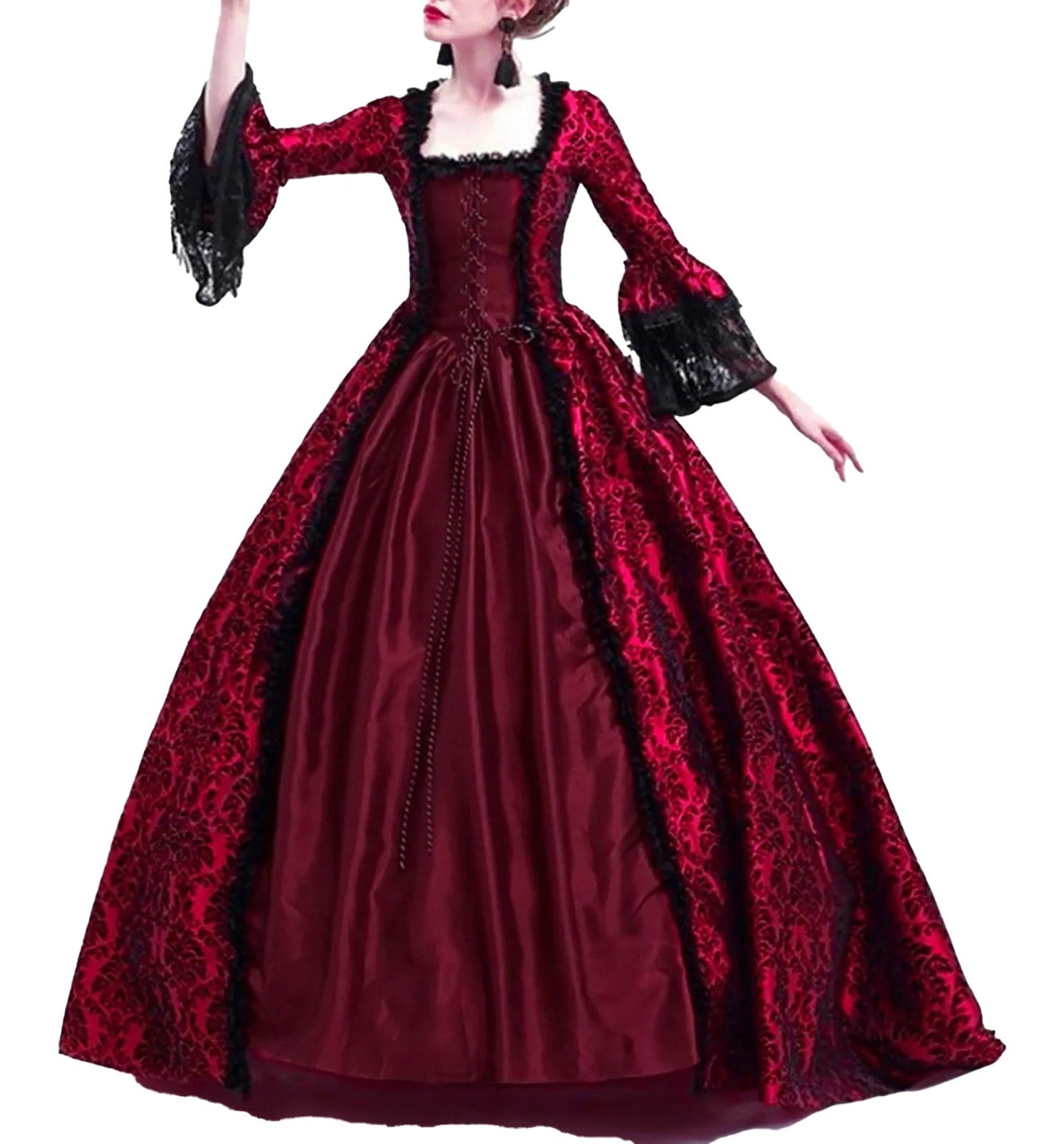 Elegant red medieval Halloween costume for women with lace sleeves and intricate detailing