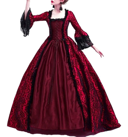 Elegant red medieval Halloween costume for women with lace sleeves and intricate detailing