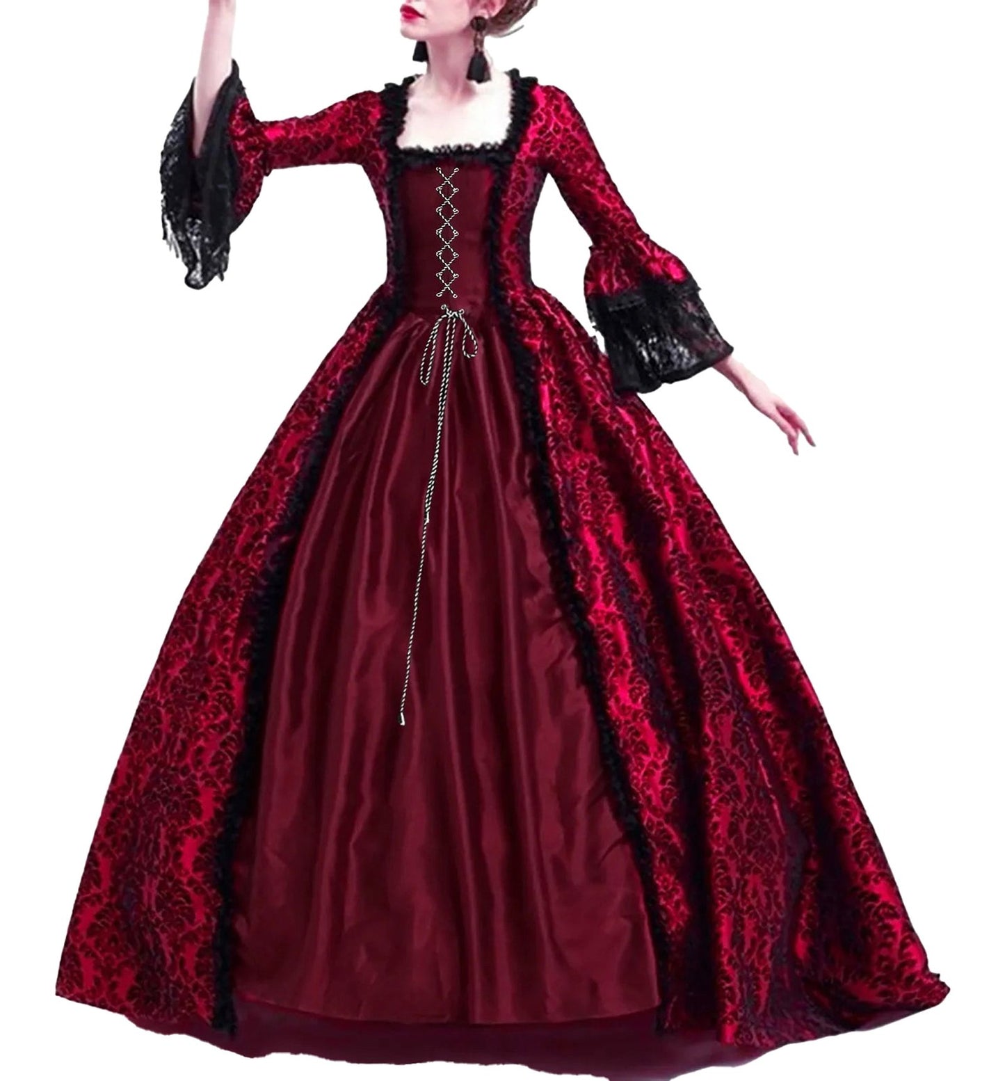 Luxurious red medieval Halloween costume for women with lace sleeves and elegant detailing