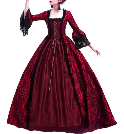 Luxurious red medieval Halloween costume for women with lace sleeves and elegant detailing
