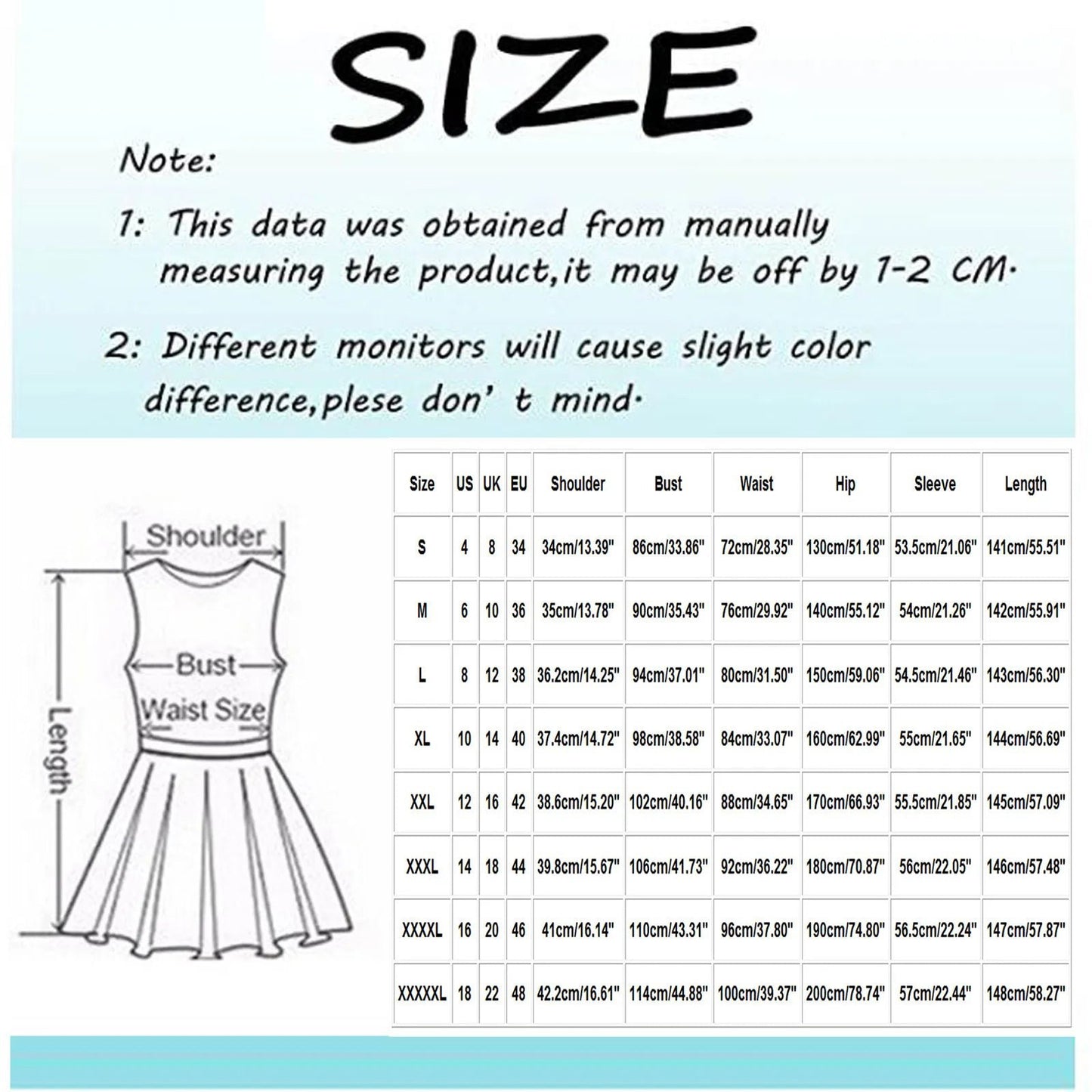 Size chart for a medieval Halloween costume for women with various measurements for perfect fit