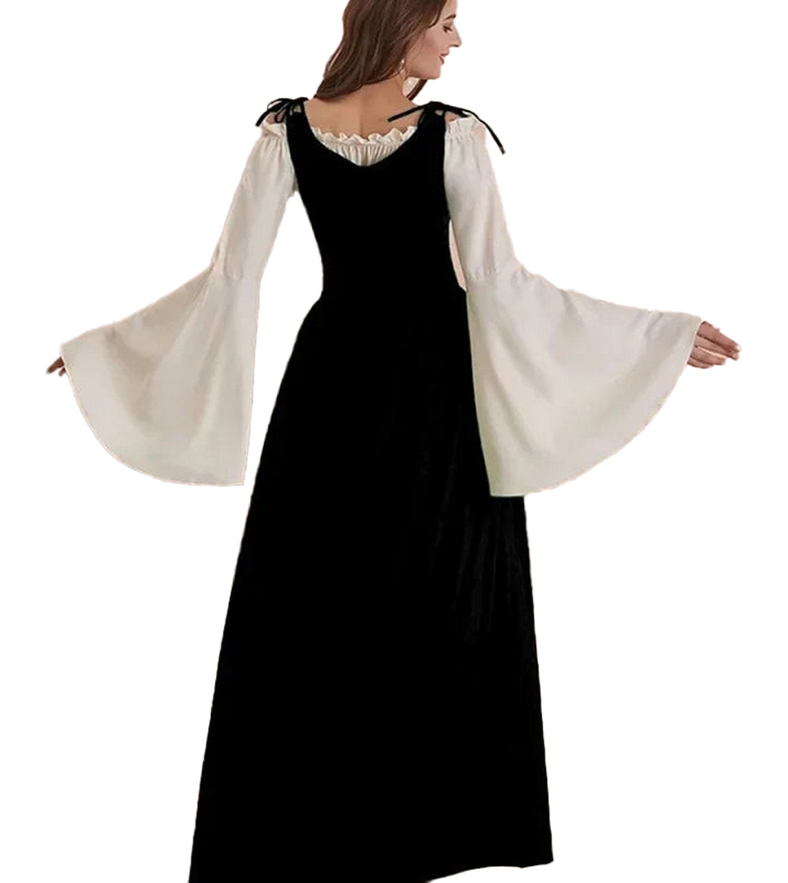Elegant black medieval renaissance cosplay dress with bell sleeves and lace-up detail