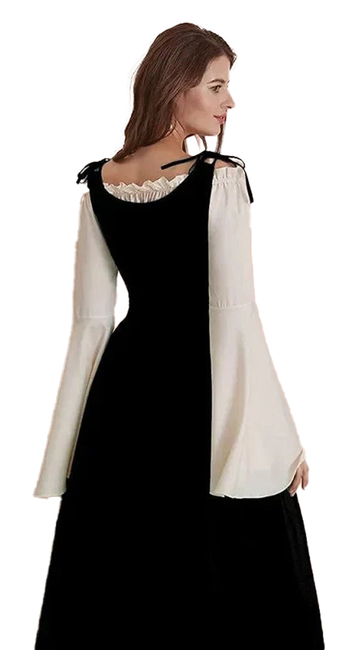 Elegant medieval renaissance cosplay dress featuring bell sleeves and a layered design