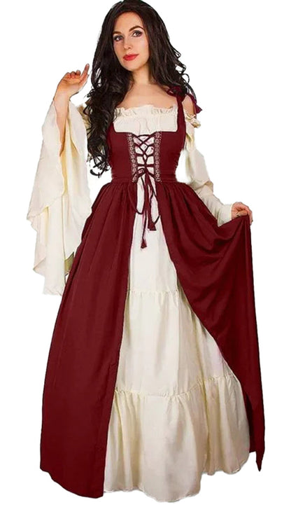 Elegant medieval renaissance cosplay dress in white and maroon with flowing sleeves and lace-up front