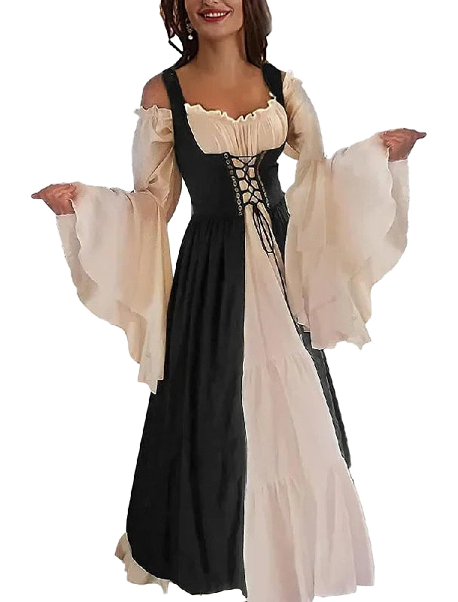 LuckeLadybug LLC Medieval Renaissance Cosplay Dress with Flowing Sleeves and Lace-Up Front