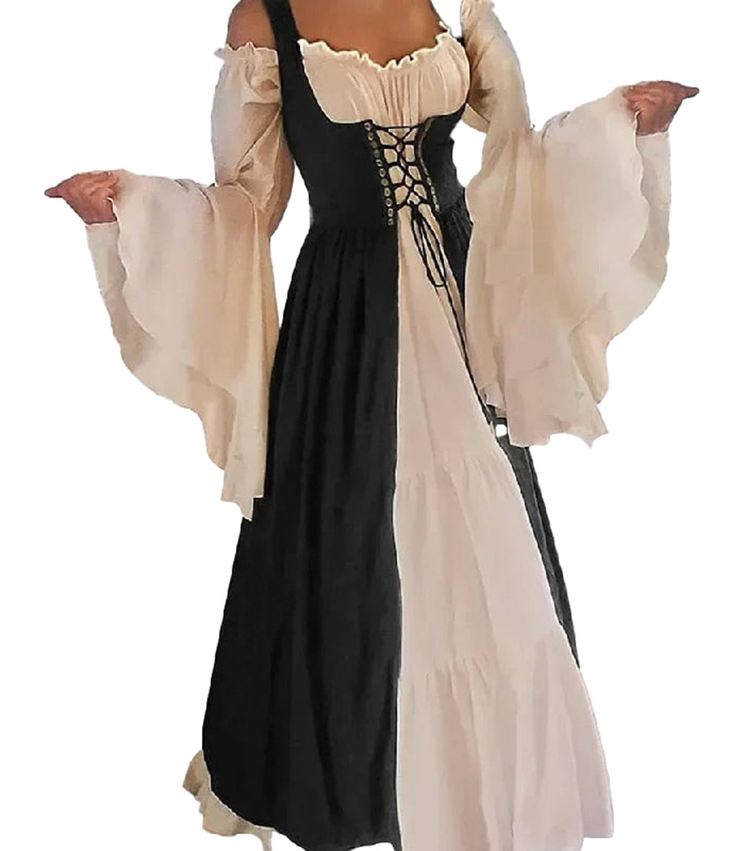 Elegant medieval renaissance cosplay dress with flowing sleeves and lace-up detailing for themed events