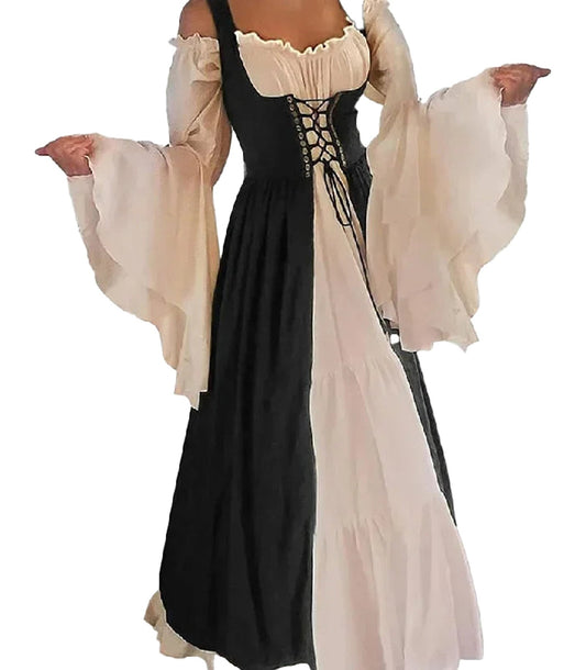 Elegant medieval renaissance cosplay dress with flowing sleeves and lace-up detailing for themed events