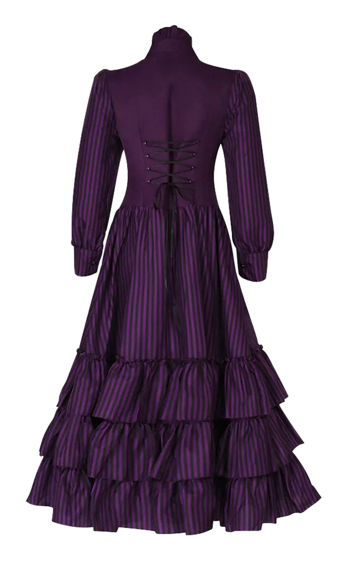 Back view of a purple striped medieval Victorian Halloween dress for women with ruffle hem and lace-up detail.