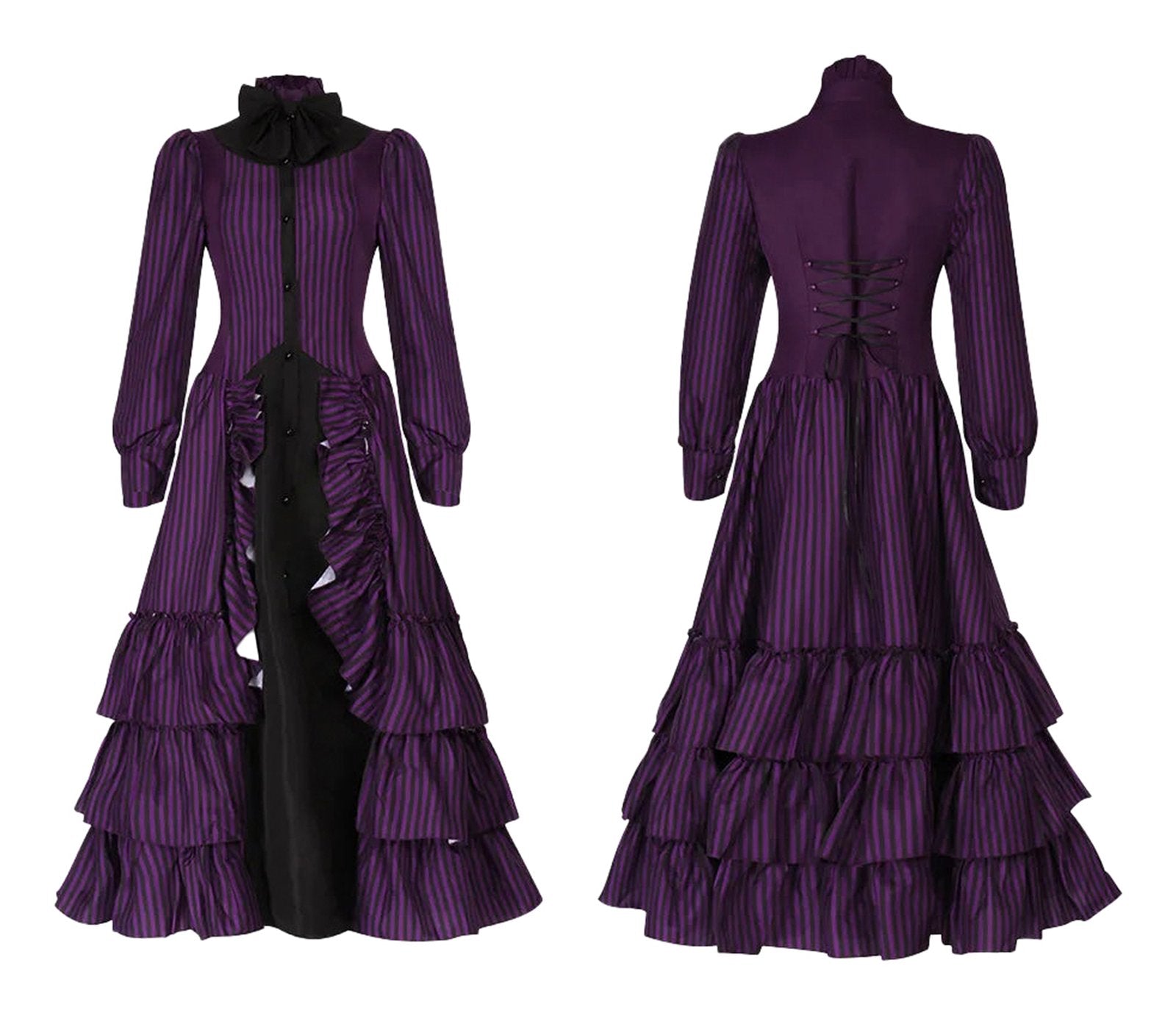 Purple striped medieval Victorian Halloween dress for women with ruffled layers and high collar