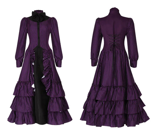 Purple striped medieval Victorian Halloween dress for women with ruffled layers and high collar