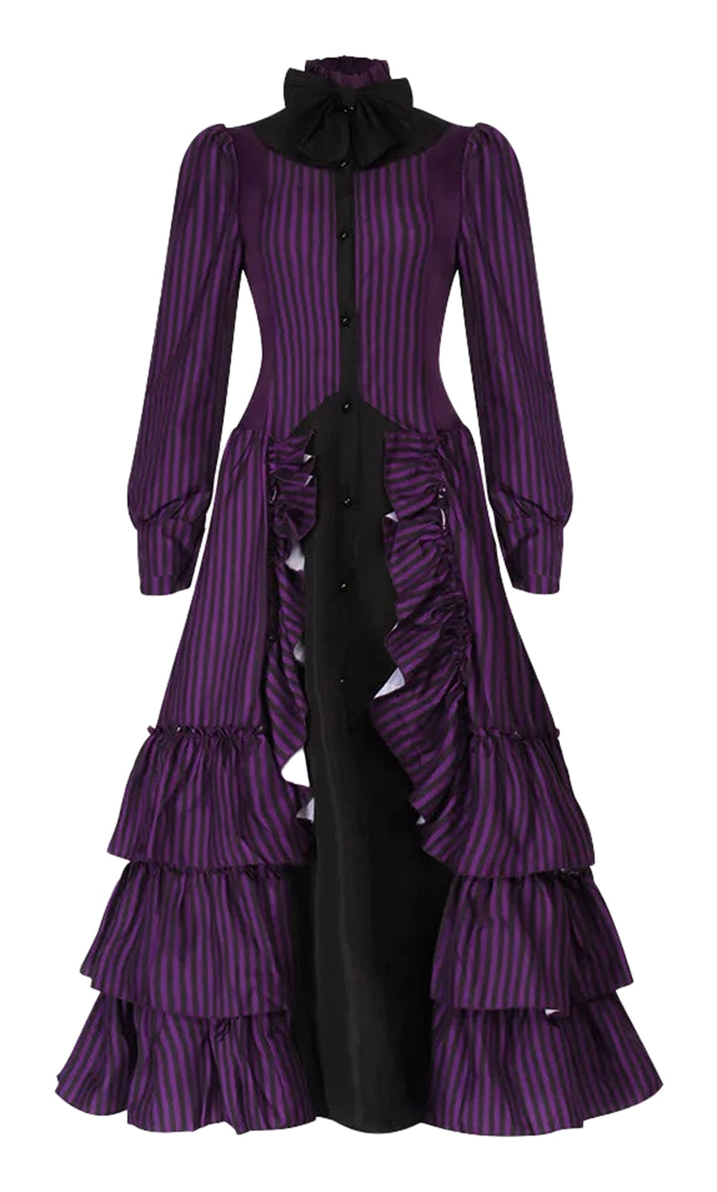 Elegant purple striped medieval Victorian Halloween dress for women with ruffled detailing