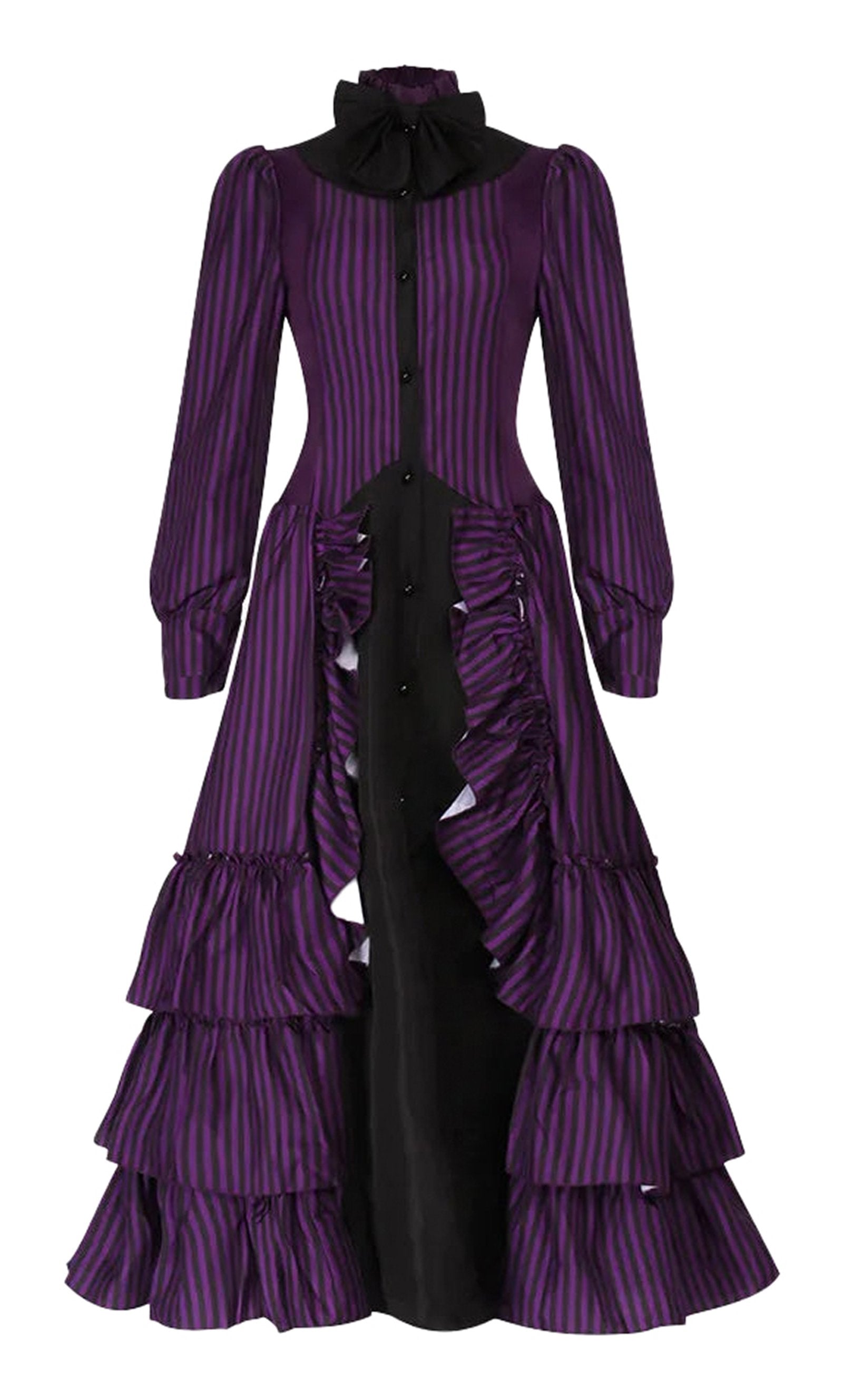 Elegant purple striped medieval Victorian Halloween dress for women with ruffled detailing