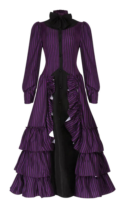 Elegant purple striped medieval Victorian Halloween dress for women with ruffled detailing