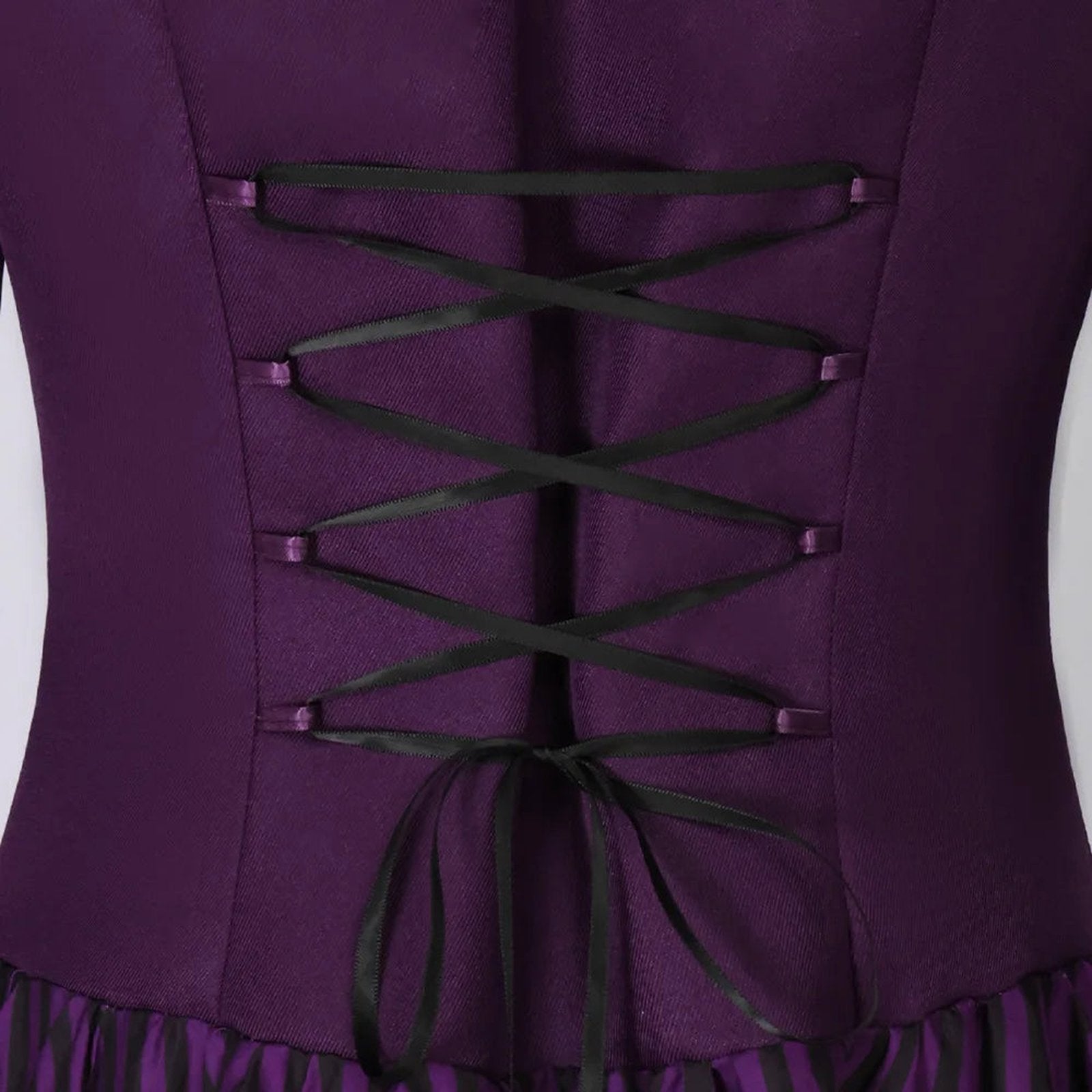 Close-up of the lacing detail on a medieval Victorian Halloween dress for women in purple