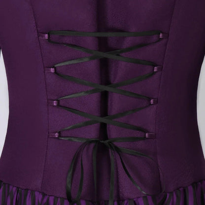 Close-up of the lacing detail on a medieval Victorian Halloween dress for women in purple