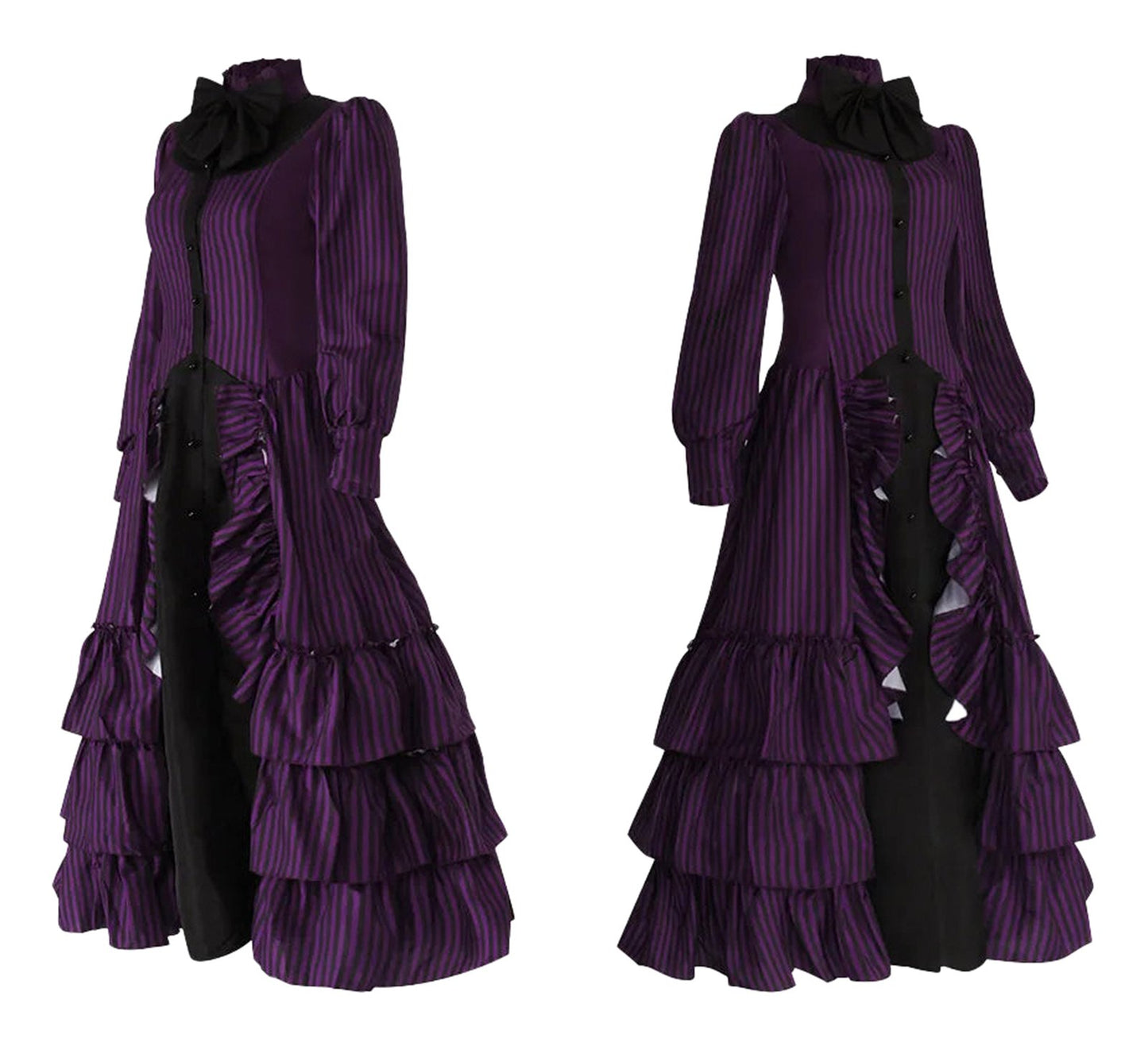 Medieval Victorian Halloween dress for women in purple with ruffled layers and long sleeves