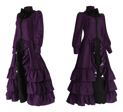 Medieval Victorian Halloween dress for women in purple with ruffled layers and long sleeves