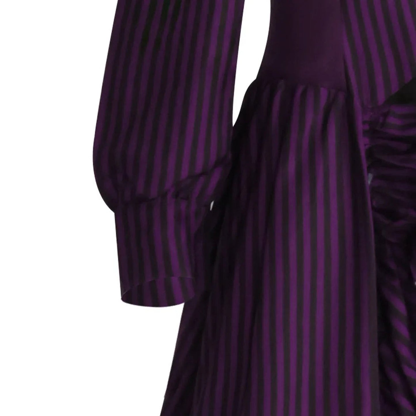 LuckeLadybug LLC medieval Victorian Halloween dress for women with elegant purple stripes and flowing design