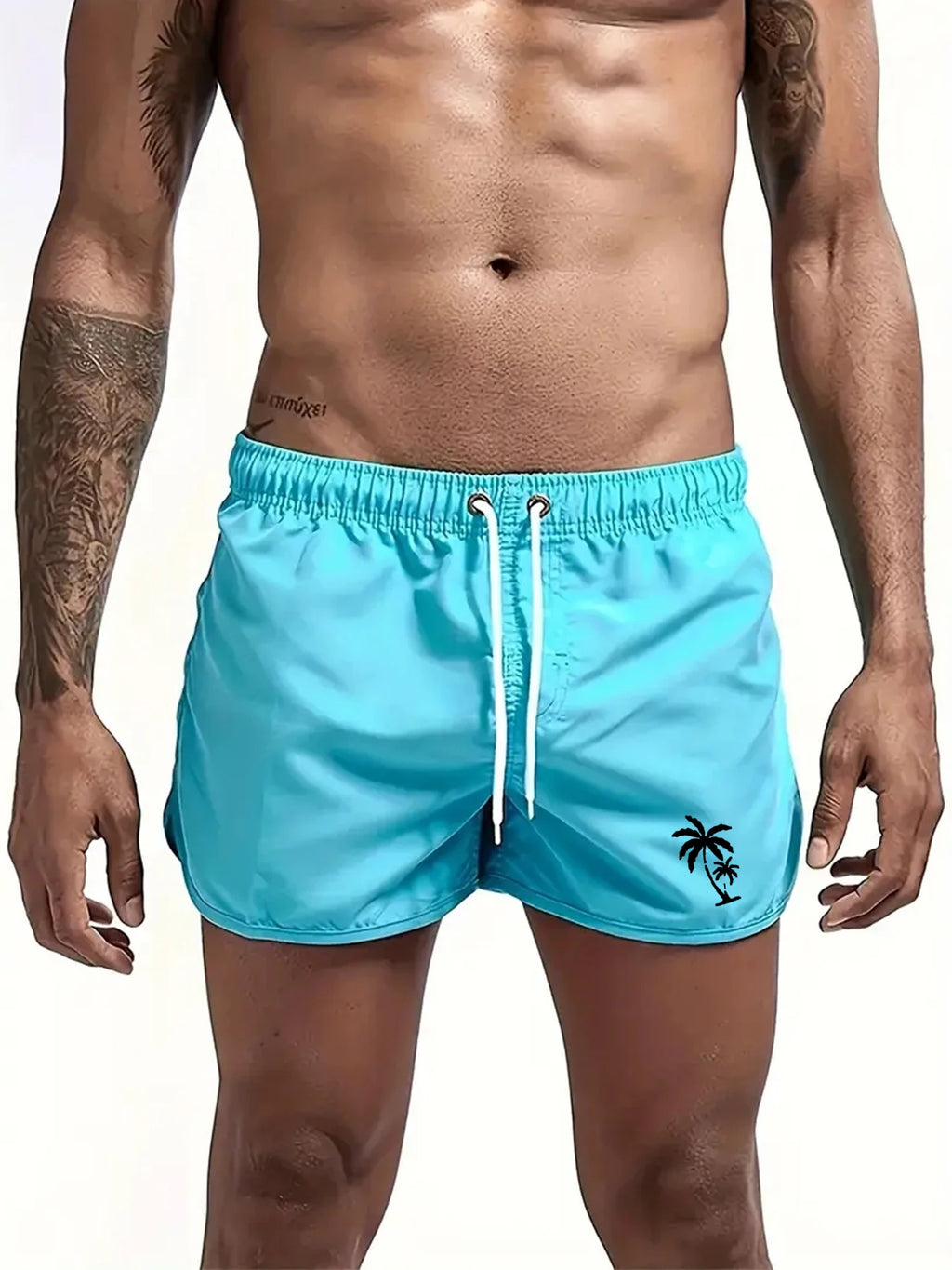 LuckeLadybug LLC Men's Swim Trunks in Light Blue with Palm Tree Design for Summer Wear
