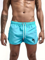 LuckeLadybug LLC Men's Swim Trunks in Light Blue with Palm Tree Design for Summer Wear