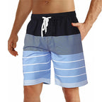 LuckeLadybug men's swim trunks with blue and black striped design, perfect for warm weather activities