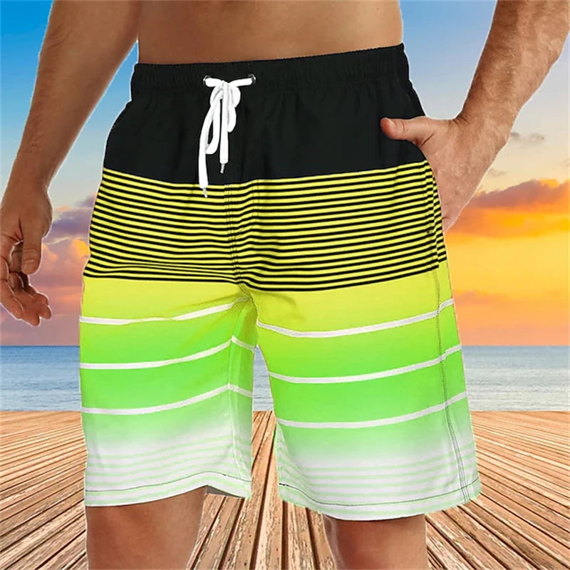 LuckeLadybug men's swim trunks with vibrant green and black stripes perfect for summer beachwear