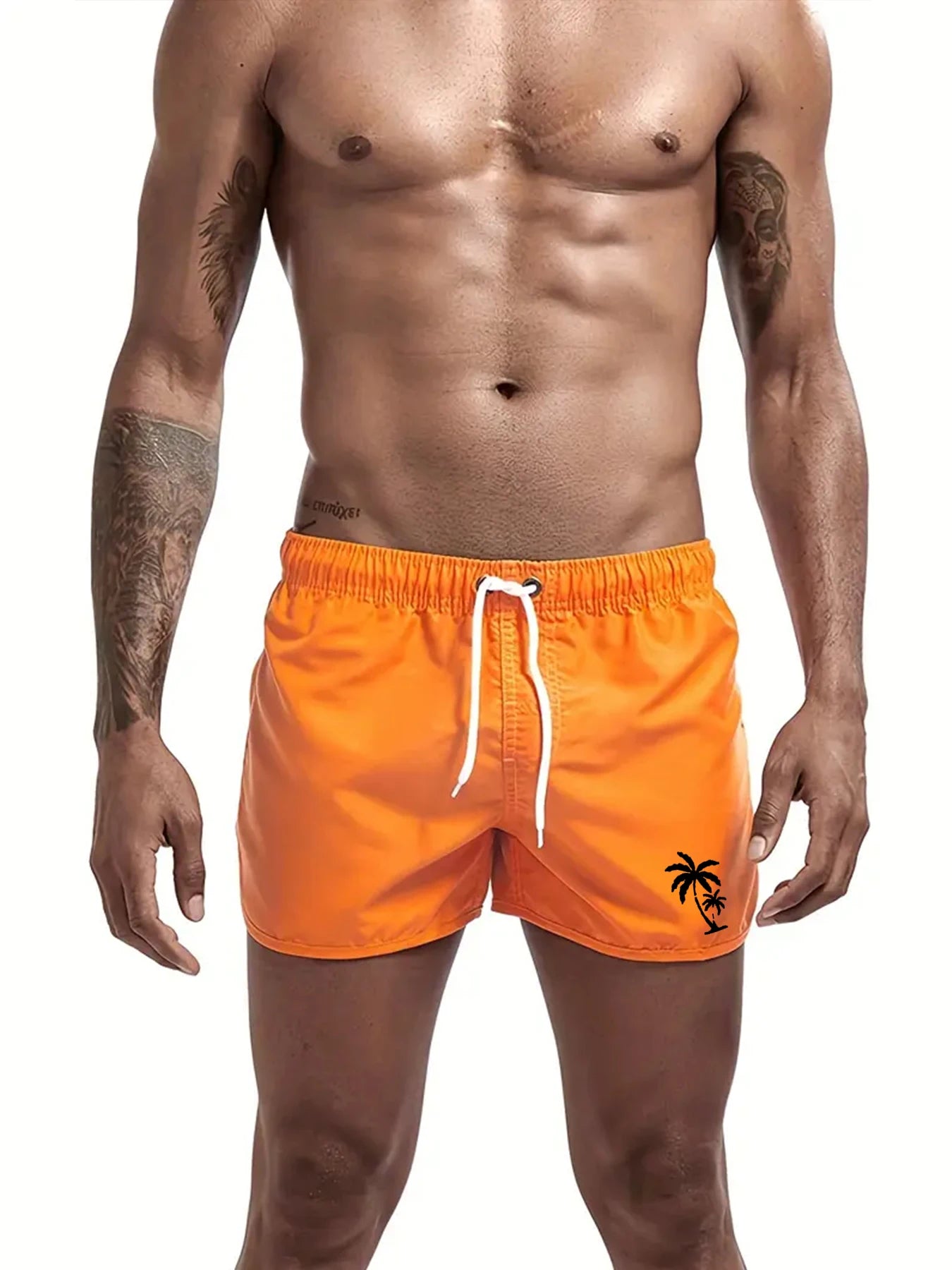 Orange LuckeLadybug LLC boardshorts for men in swim trunks featuring a palm tree design