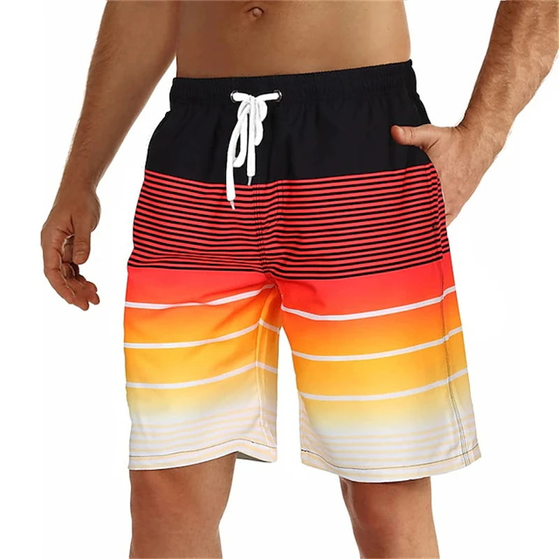 LuckeLadybug men's swim trunks in vibrant striped colors perfect for summer beach outings