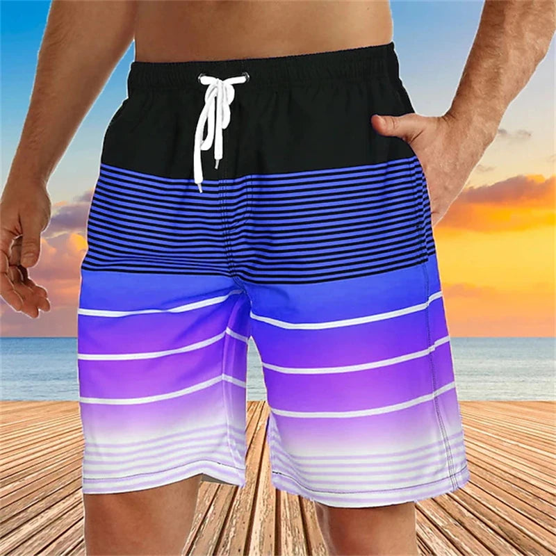 Men in swim trunks featuring vibrant purple and black stripes, perfect for beach days and pool parties
