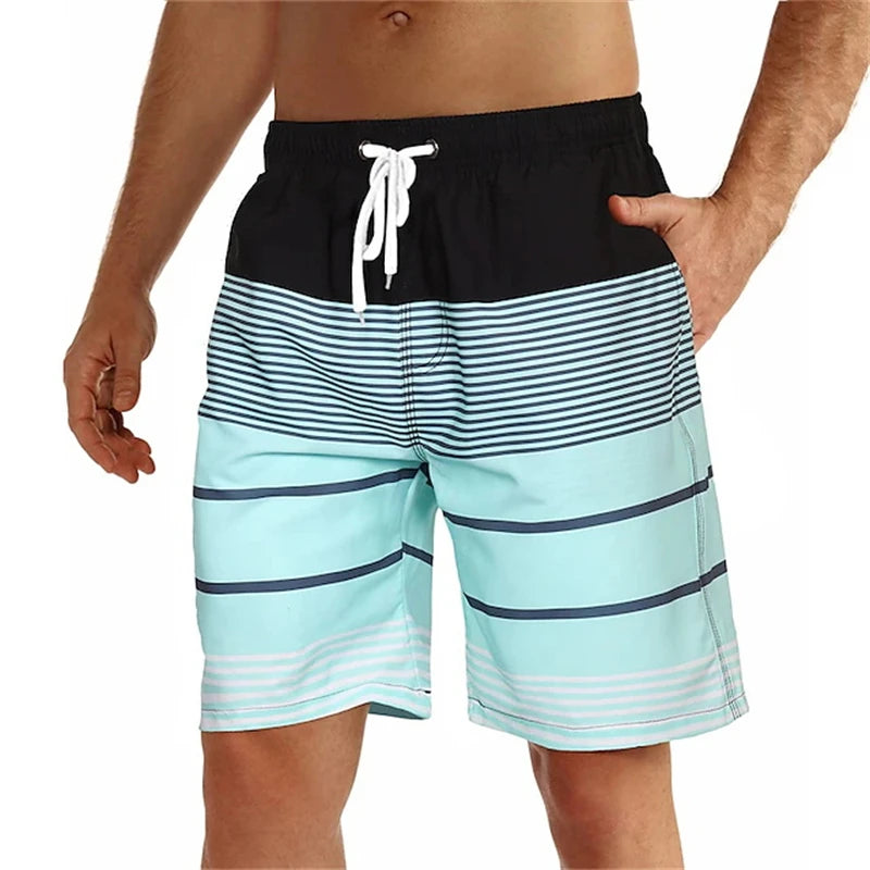 LuckeLadybug men's swim trunks in blue with black and white stripes for stylish beachwear