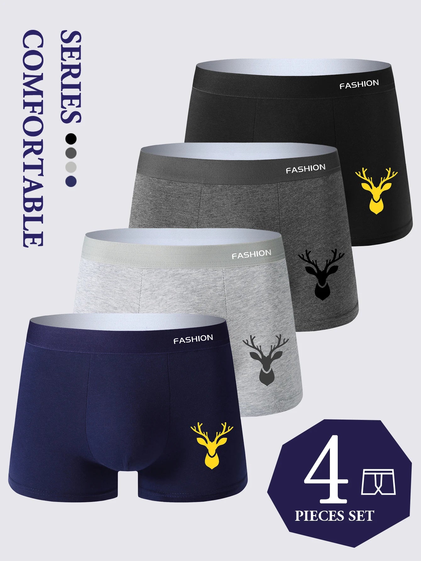 LuckeLadybug men's breathable boxer briefs set in navy, grey, and black with deer logo for comfort.