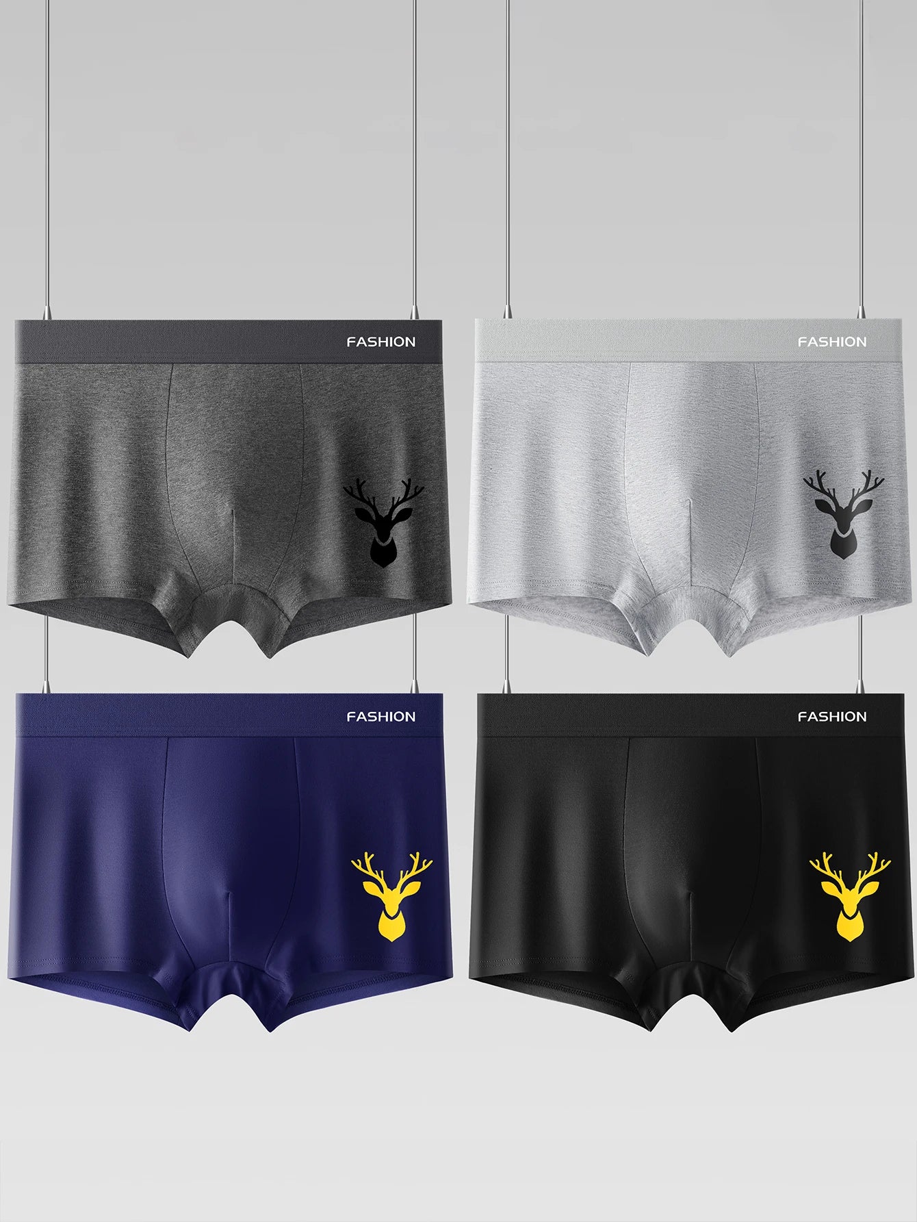 Set of men's breathable boxer briefs in gray, silver, navy, and black with deer logo