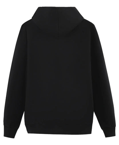 Back view of LuckeLadybug LLC men's cartoon print hoodie in black with a classic relaxed fit