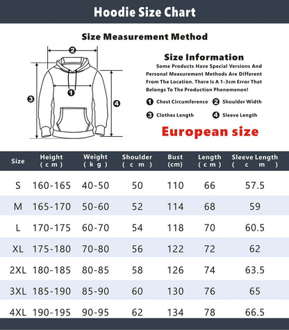 Men's cartoon print hoodie size chart with detailed measurements for European sizes
