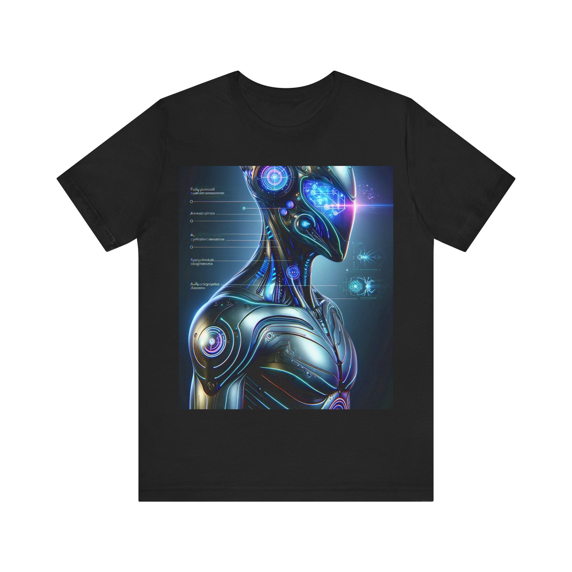 Black men's cyberpunk t-shirt featuring a futuristic robotic design with glowing elements