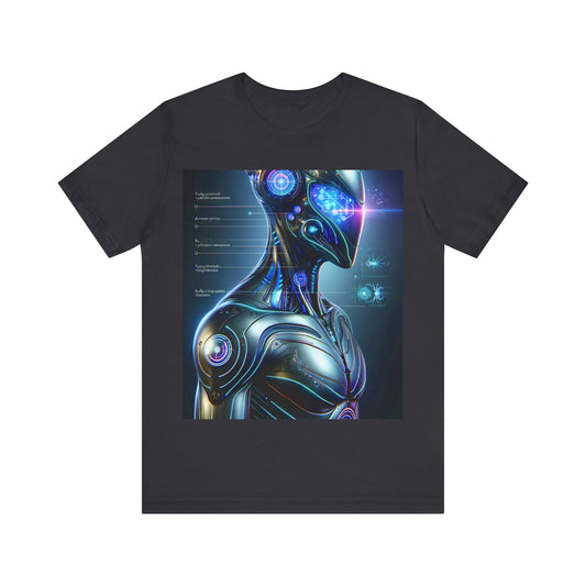 Men's cyberpunk t-shirt featuring a futuristic robotic design with vibrant colors