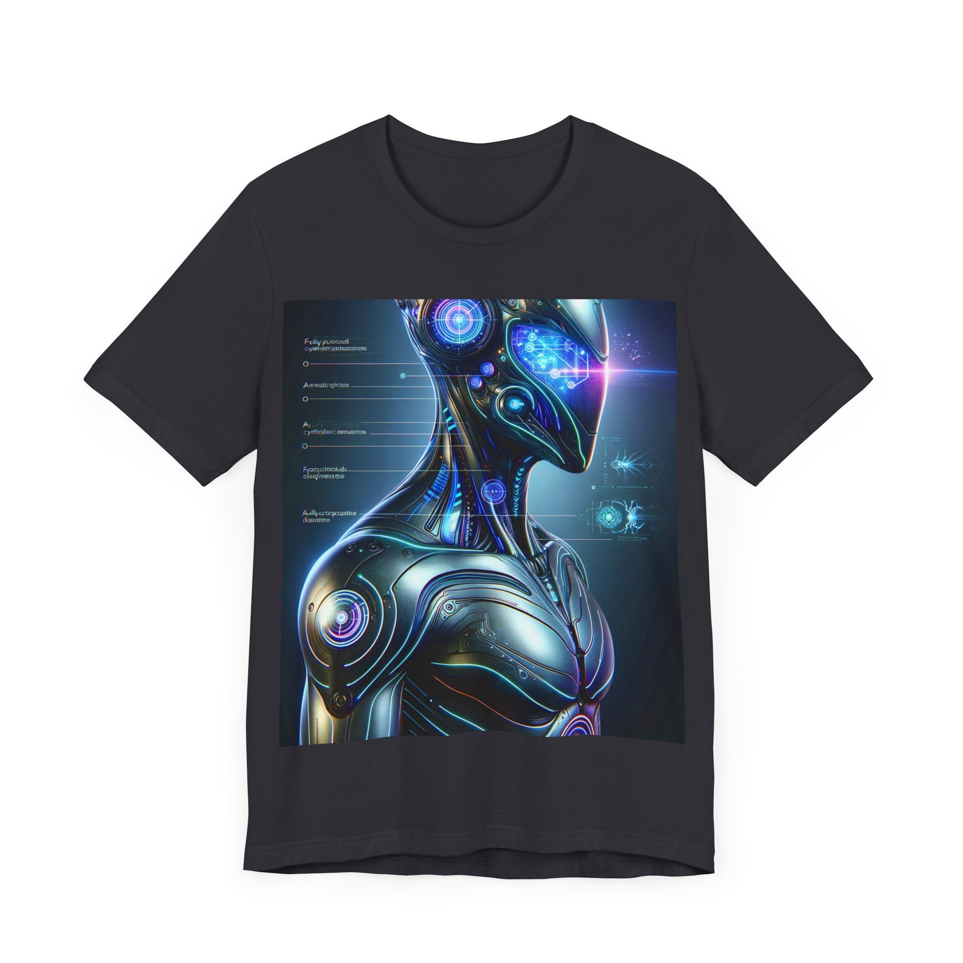 LuckeLadybug men's cyberpunk t-shirt featuring a futuristic robot design on a black background
