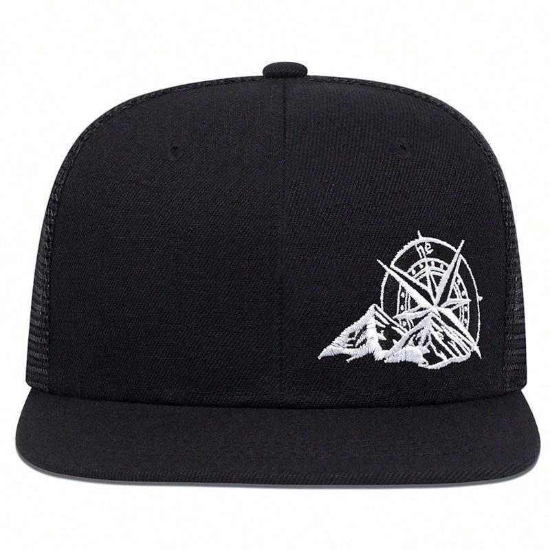 Men's embroidered compass hat in black with a stylish compass design on the front
