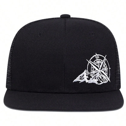 Men's embroidered compass hat in black with a stylish compass design on the front