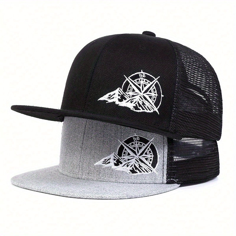 Men's embroidered compass hat featuring a stylish black and gray design with mountain details