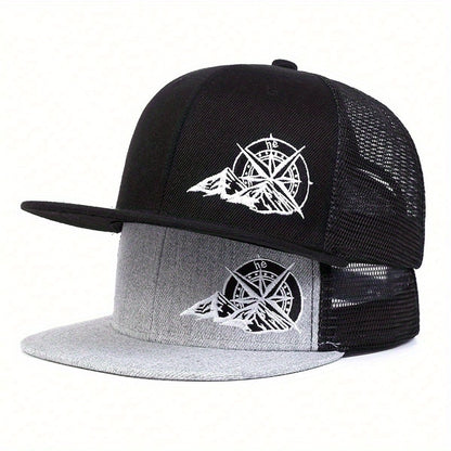 Men's embroidered compass hat featuring a stylish black and gray design with mountain details