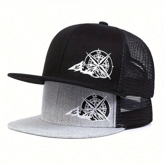 Men's embroidered compass hat featuring a stylish black and gray design with mountain details