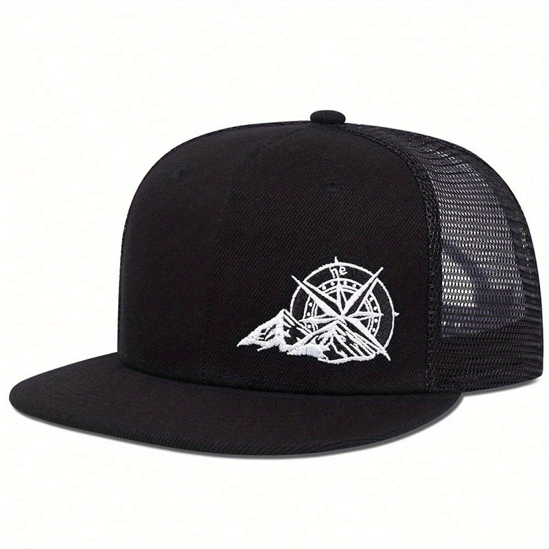Men's embroidered compass hat with a sleek black design and mesh back for a stylish look