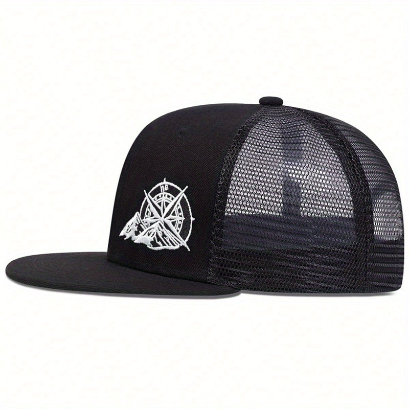 LuckeLadybug LLC men's embroidered compass hat in black with mesh back for casual wear