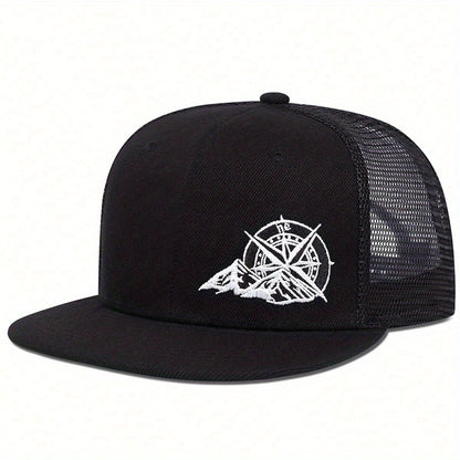 Men's embroidered compass hat by LuckeLadybug LLC featuring a black mesh design and mountain embroidery