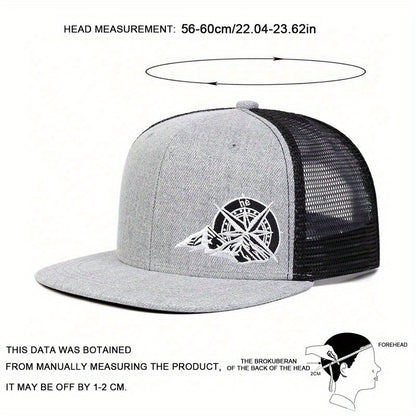 Men's embroidered compass hat by LuckeLadybug LLC with a gray front and mesh back for comfort