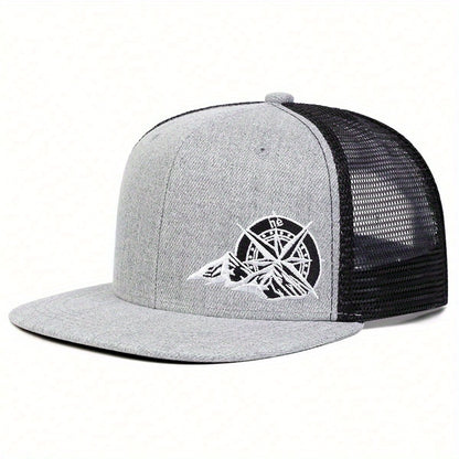 Men's embroidered compass hat in gray with black mesh back and mountain design